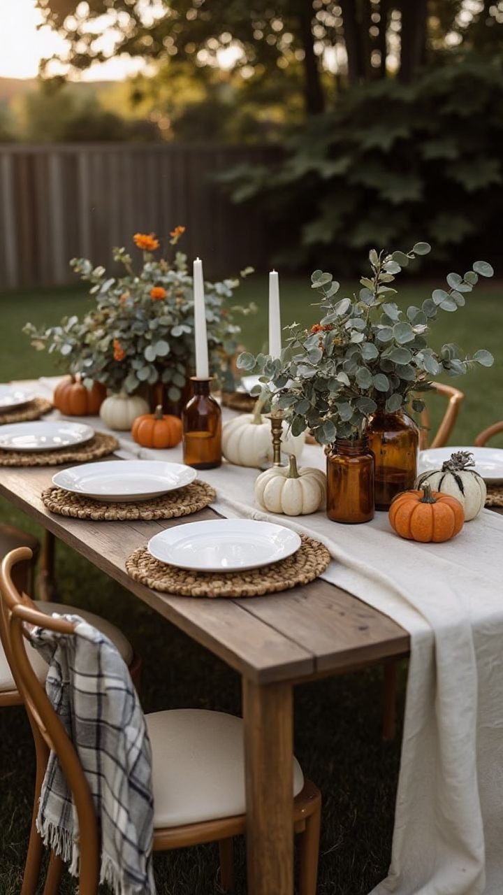 A backyard fall table with amber bottle vases, marigolds, and a plaid blanket on a chair