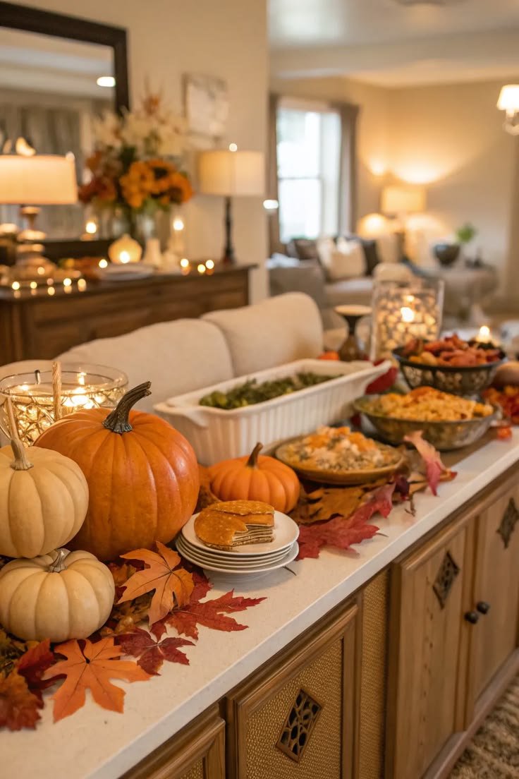 A sideboard buffet spread with Thanksgiving side dishes, pumpkins, and candlelight