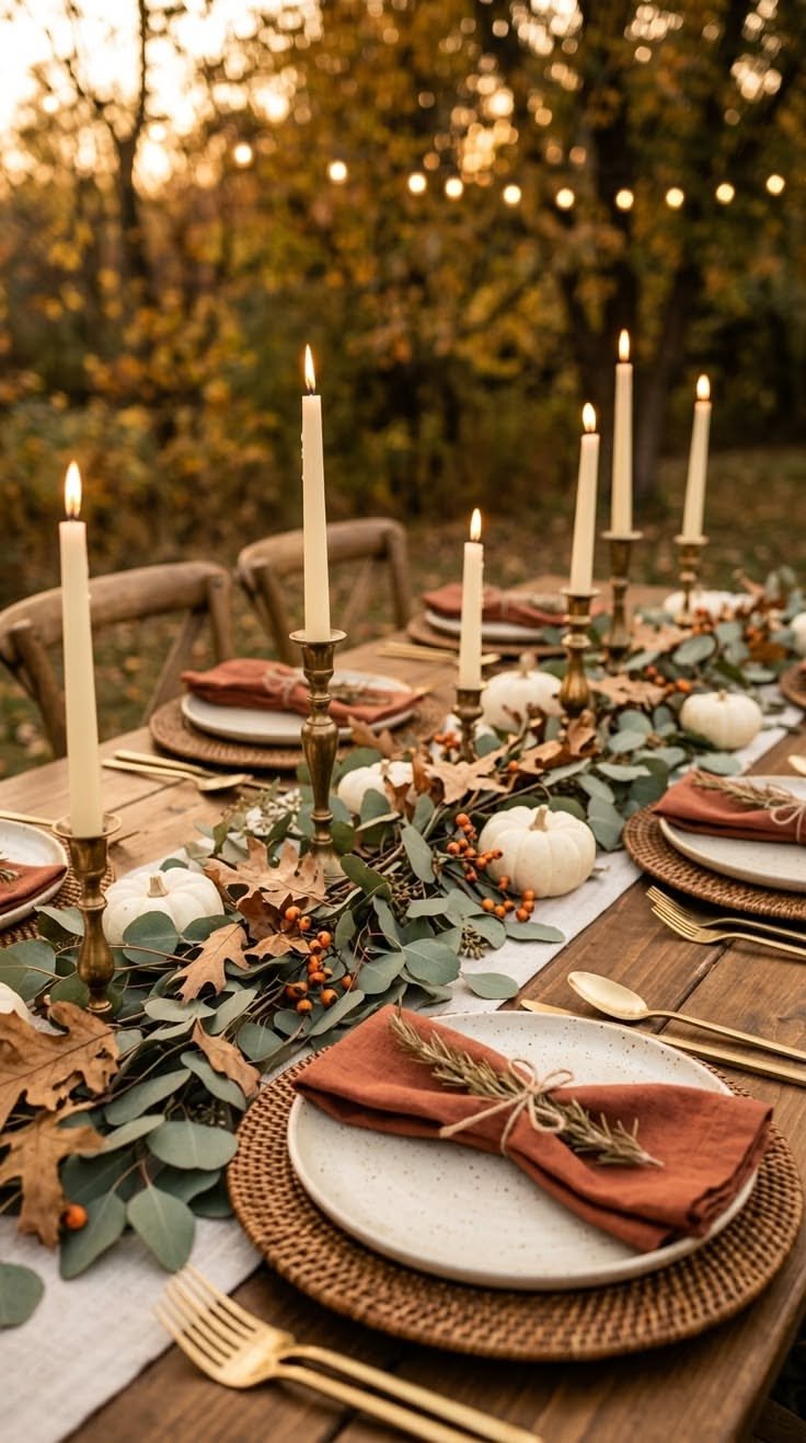 An outdoor table with eucalyptus garland, white pumpkins, and taper candles