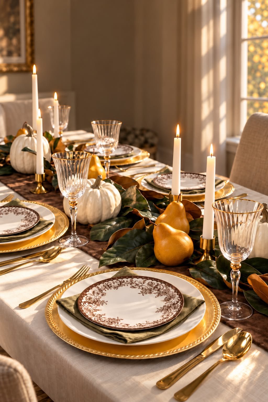 A formal table with gold chargers, patterned china, and golden pears