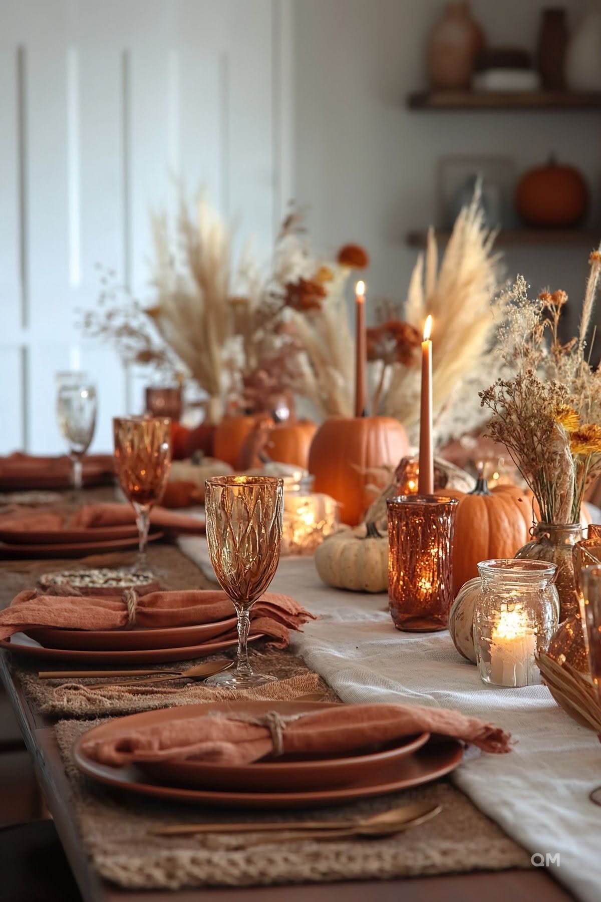 A moody fall tablescape with amber glassware, pampas grass, and pink taper candles
