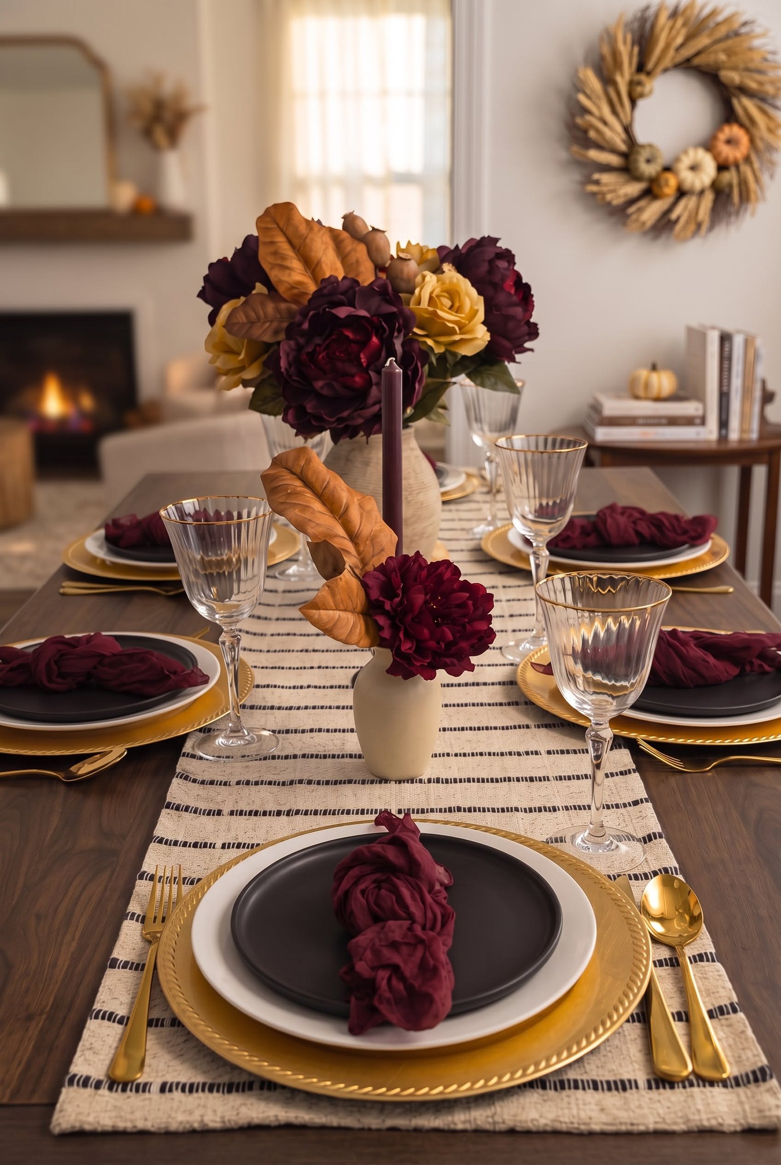 A formal table with gold chargers, black plates, burgundy florals, and a maroon candle