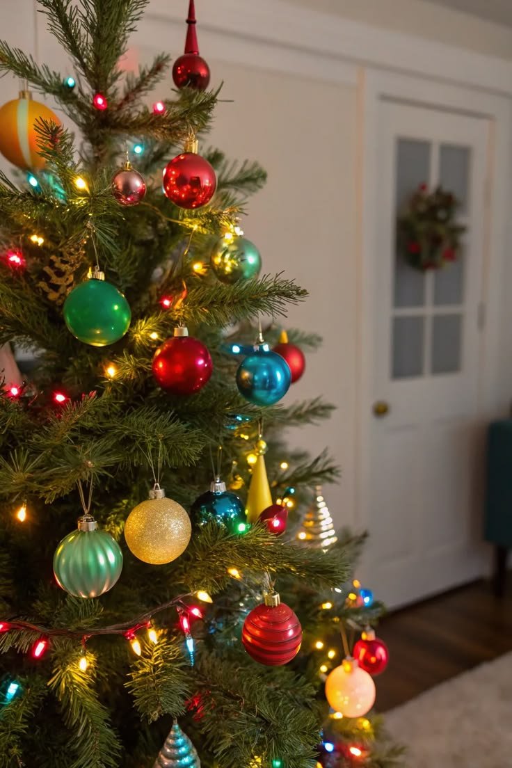 Close-up of a Christmas tree covered in colorful glass ball ornaments and warm string lights