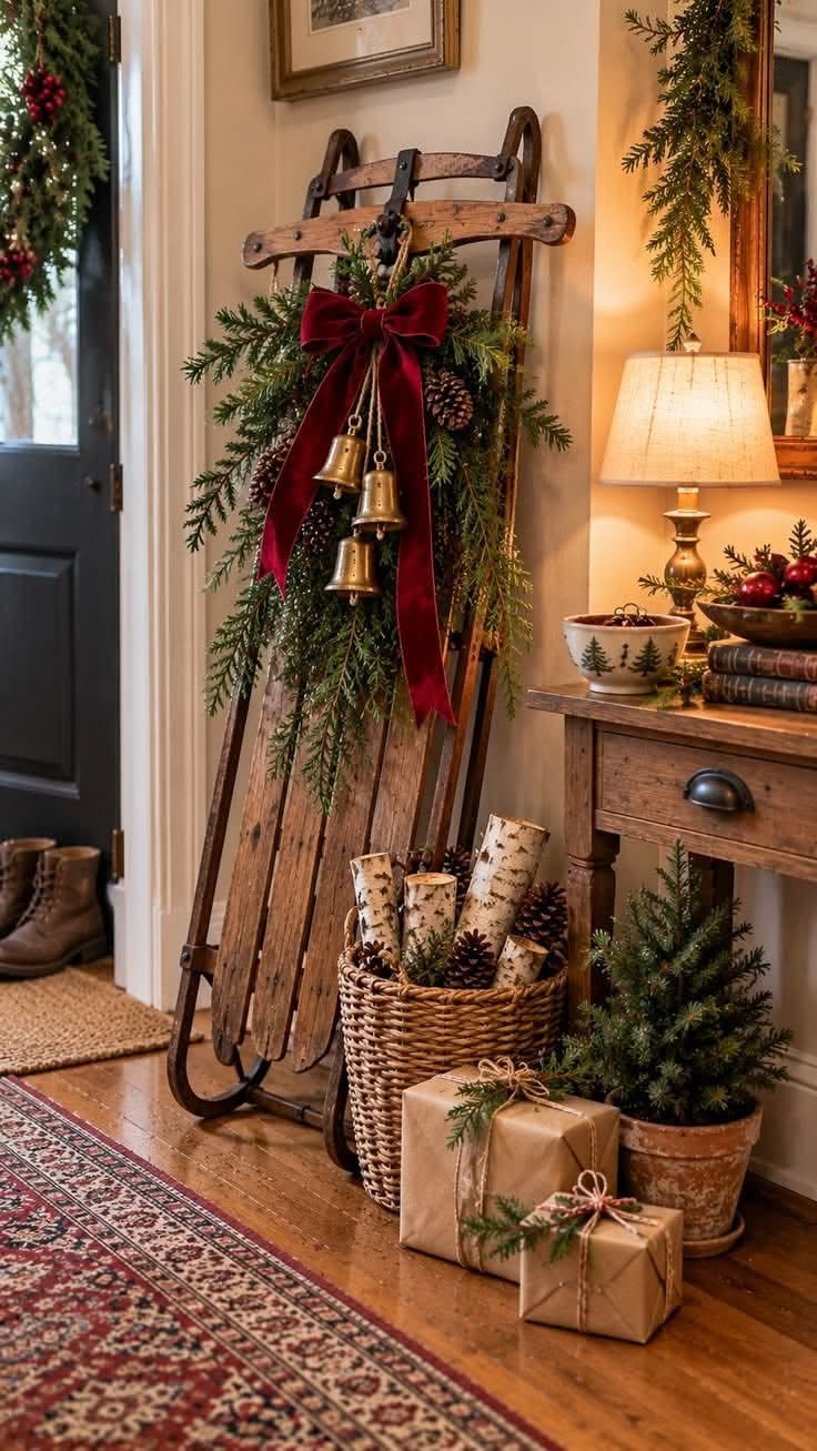 Entryway wooden sled decorated with brass bells, greenery, and gift boxes