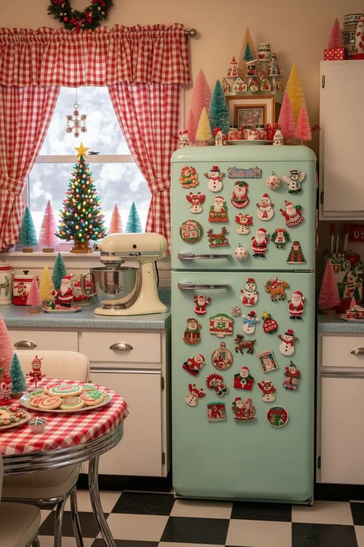 Vintage Santa and snowman magnets covering a mint green refrigerator