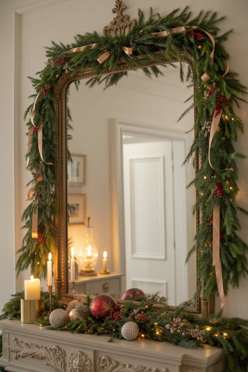 Mirror wrapped in greenery garland with gold ribbon and berries