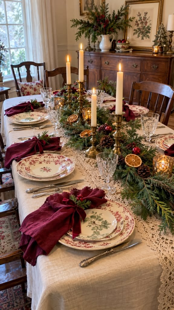 Vintage floral table setting with dried orange slices, candles, and greenery