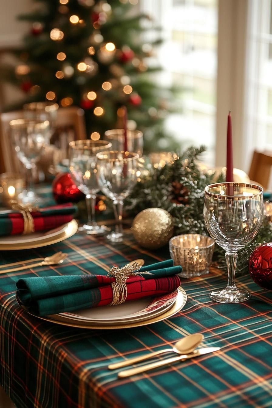 Tartan plaid Christmas table setting with gold flatware and candlesticks