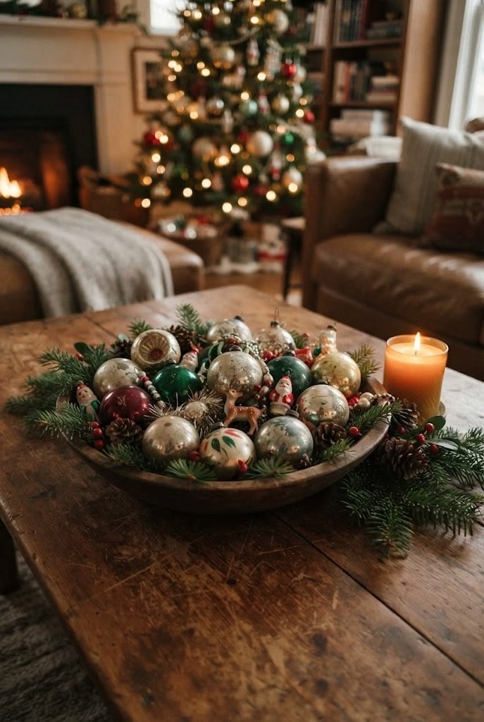 Wooden bowl filled with vintage mercury glass ornaments and small figurines