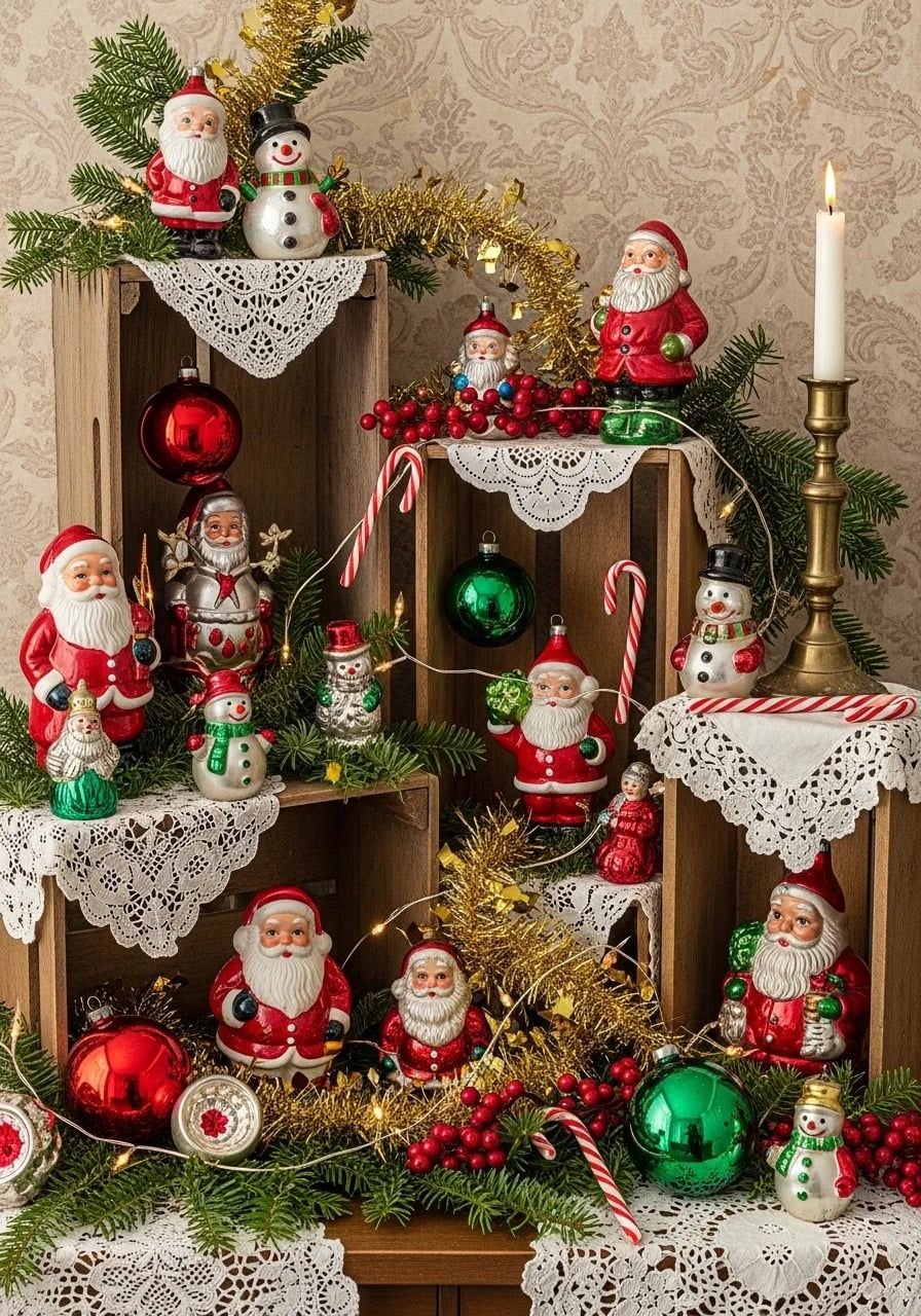 Collection of vintage Santa Claus figurines displayed on wooden crates with candlelight