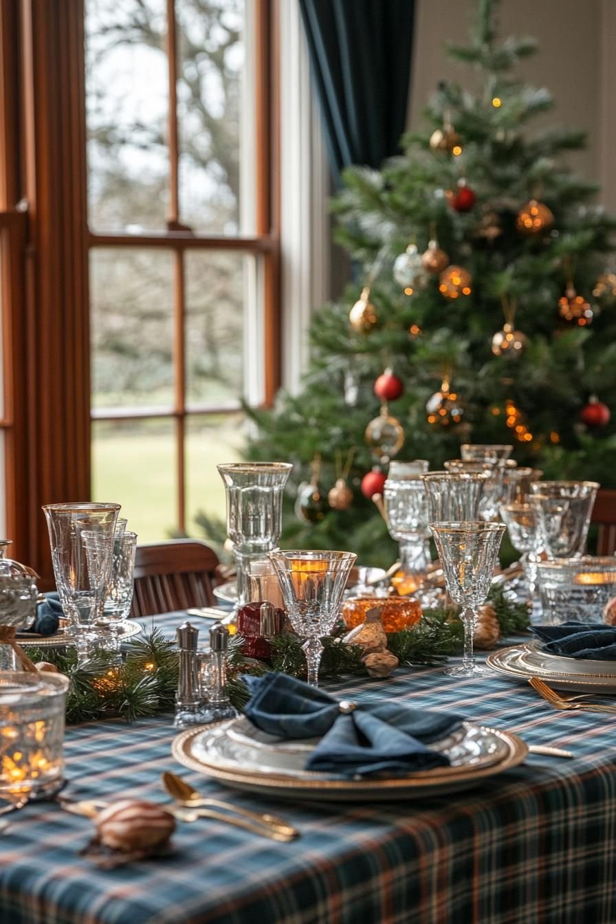 Tartan plaid table setting with gold-rimmed crystal wine glasses and candles