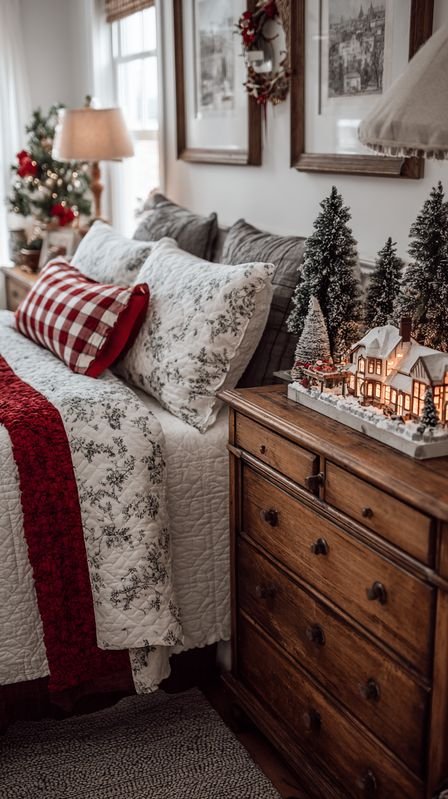 Cottage bedroom with a lit mini Christmas village on the dresser and plaid pillow