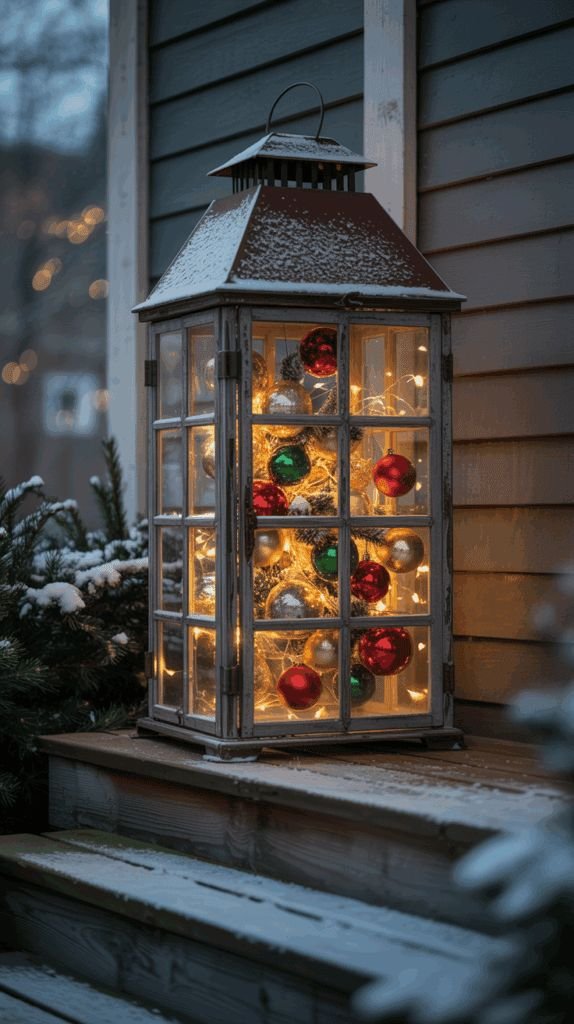 Lantern filled with red, green, and gold ornaments and string lights on a porch