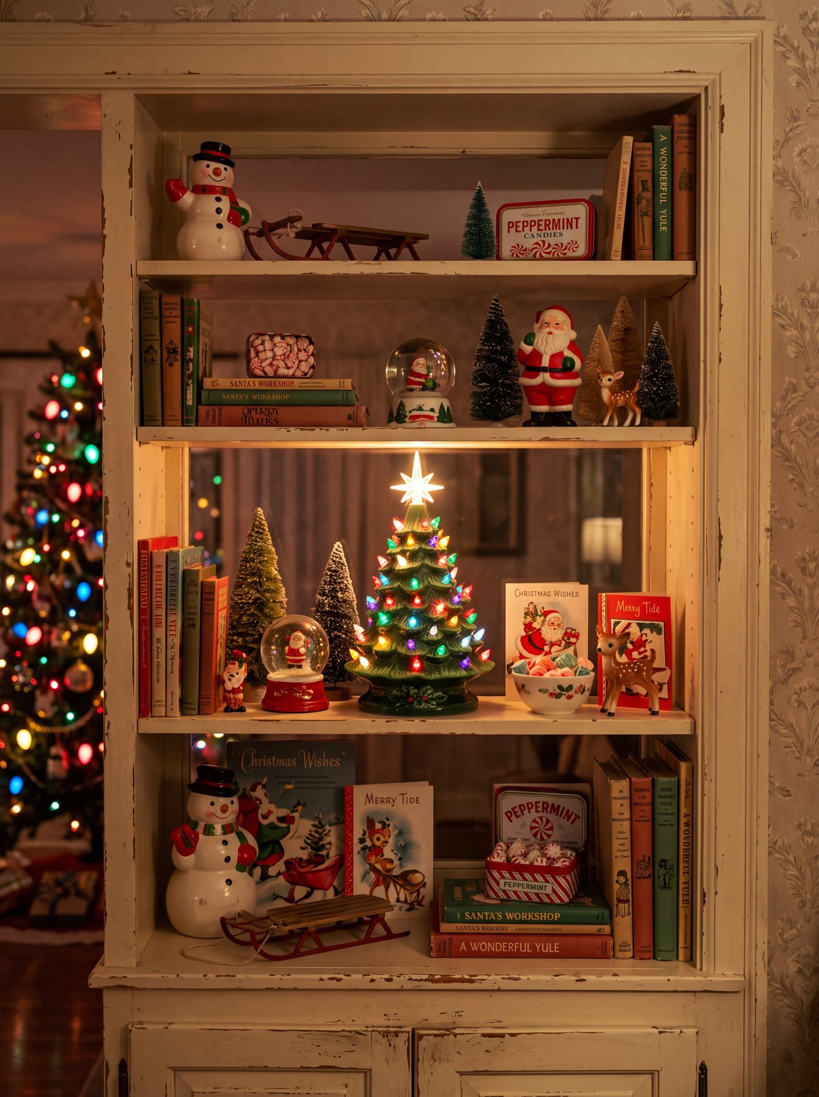 Vintage bookshelf decorated with a small lit ceramic tree, candy tins, and holiday cards