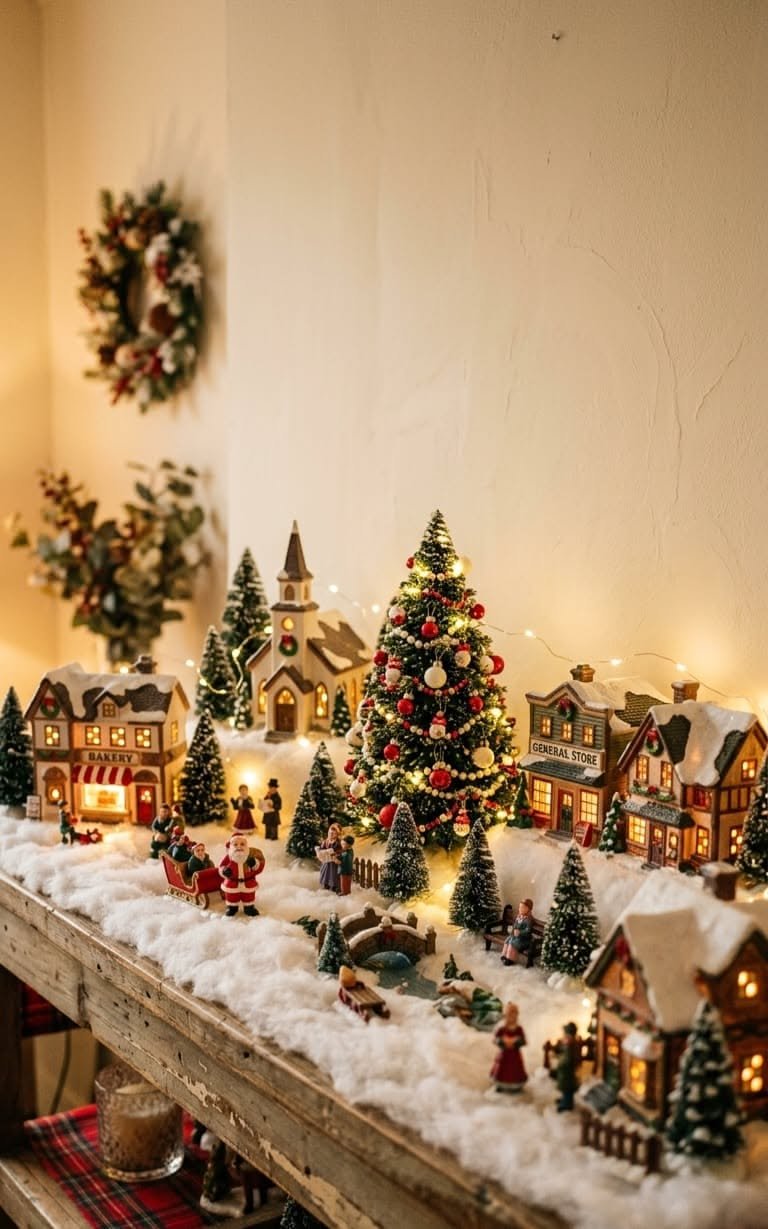 Tabletop Christmas village display with lit houses and a lit tree surrounded by snow