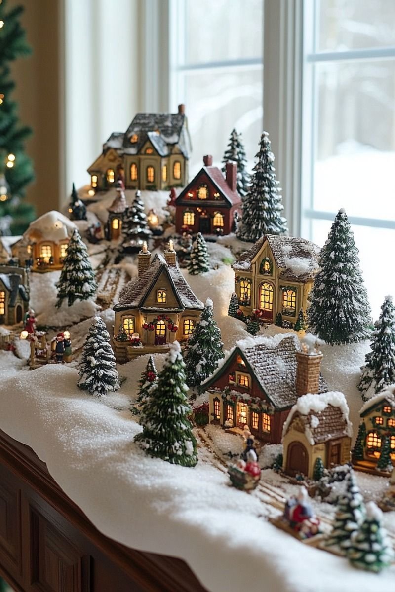Christmas village display of snowy wooden houses on a windowsill