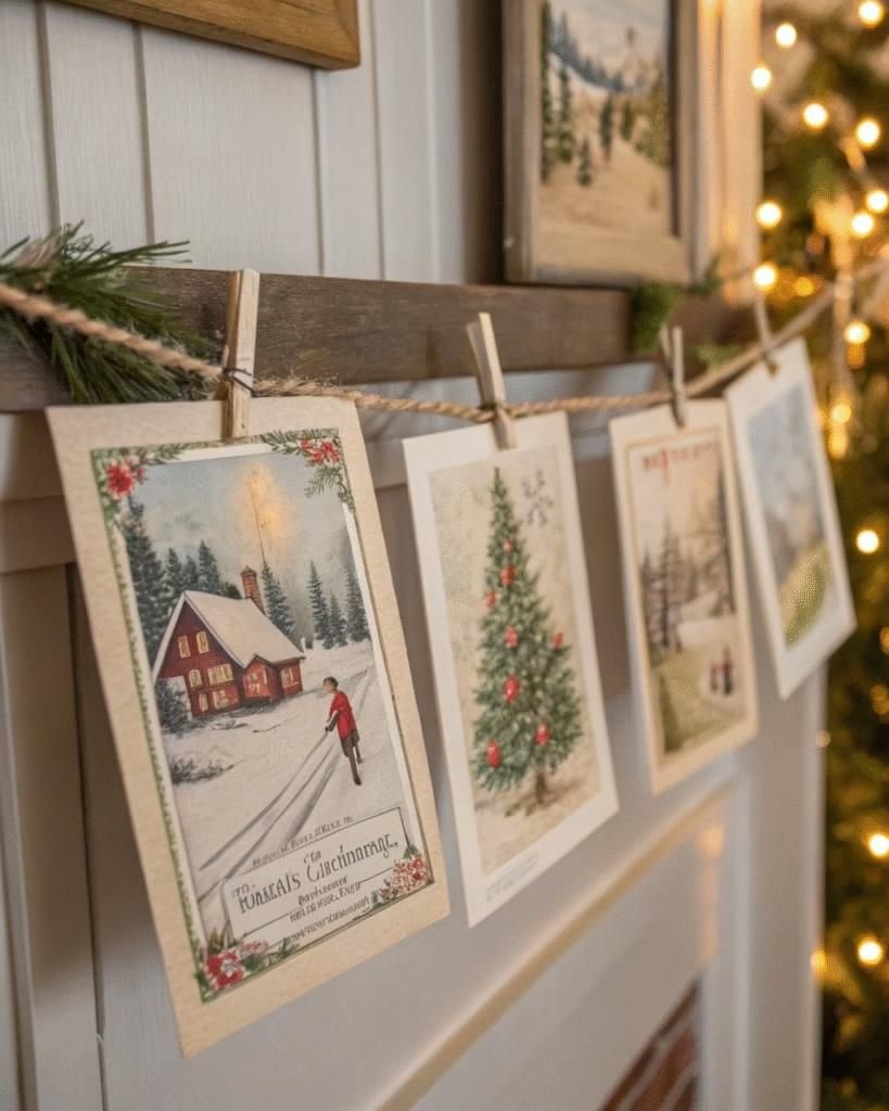 Vintage Christmas postcards clipped to a twine garland with wooden clothespins
