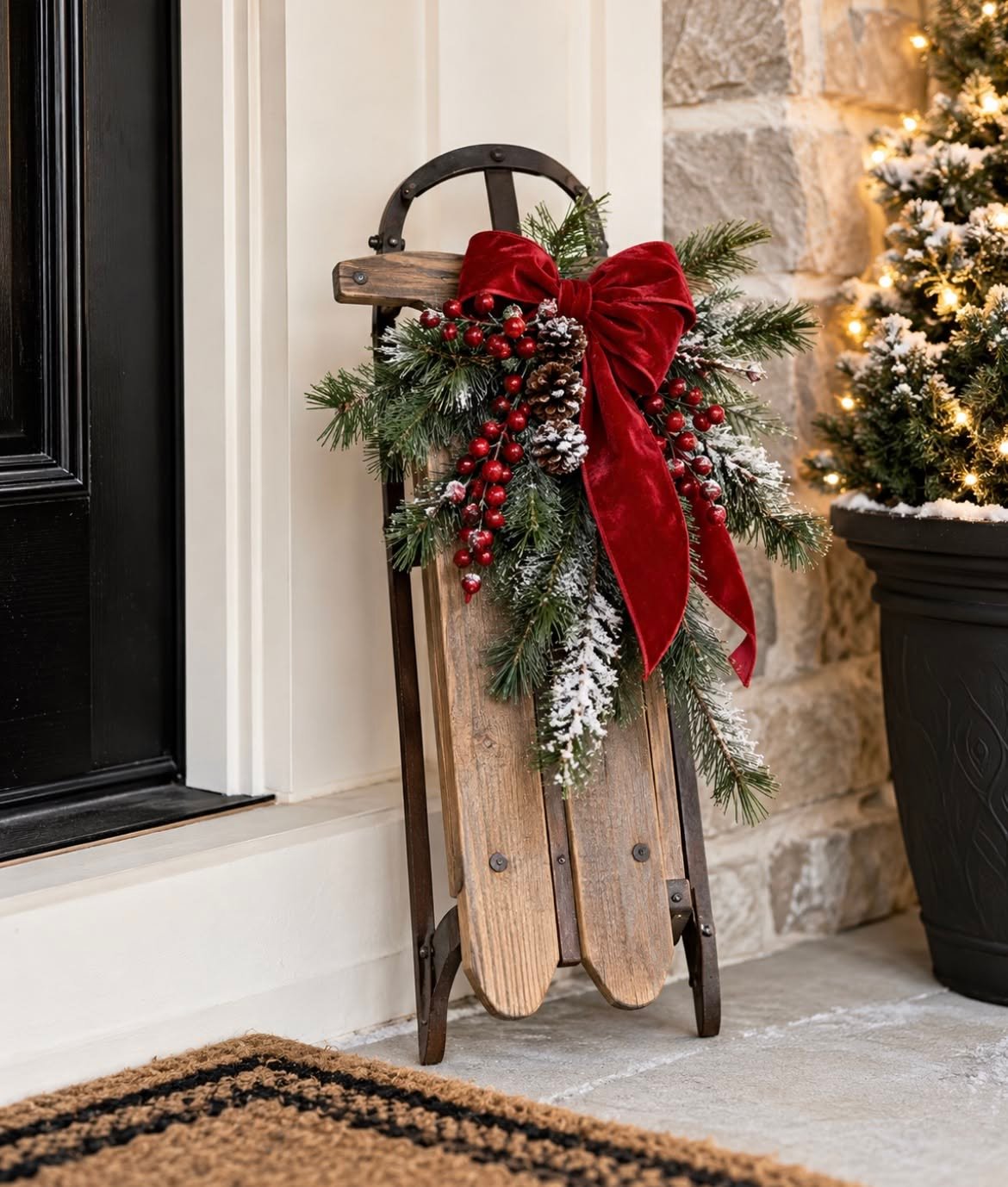 Vintage wooden sled decorated with a red velvet bow and pine greenery by a front door