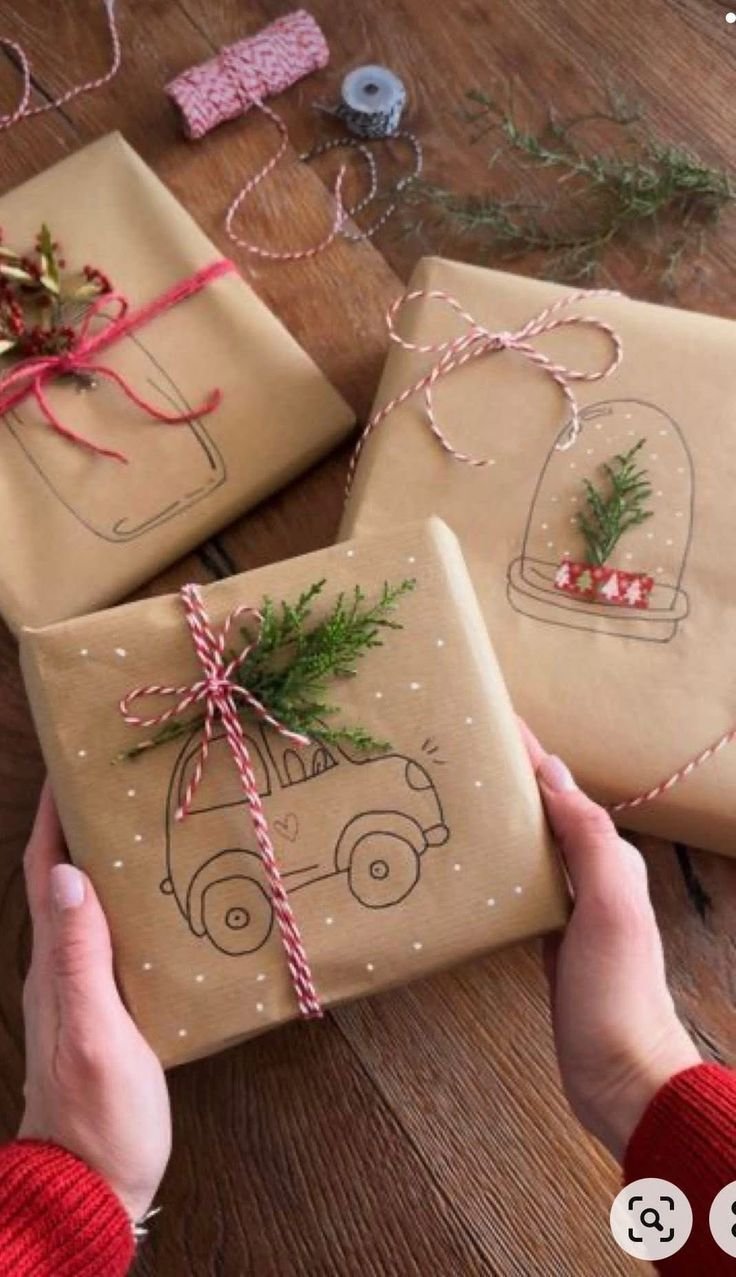 Wrapped gift with handmade brown paper packaging for Christmas