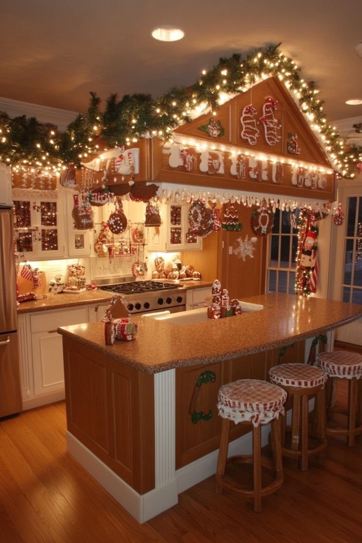 A kitchen island trimmed with gingerbread cookie cutout shapes and lights