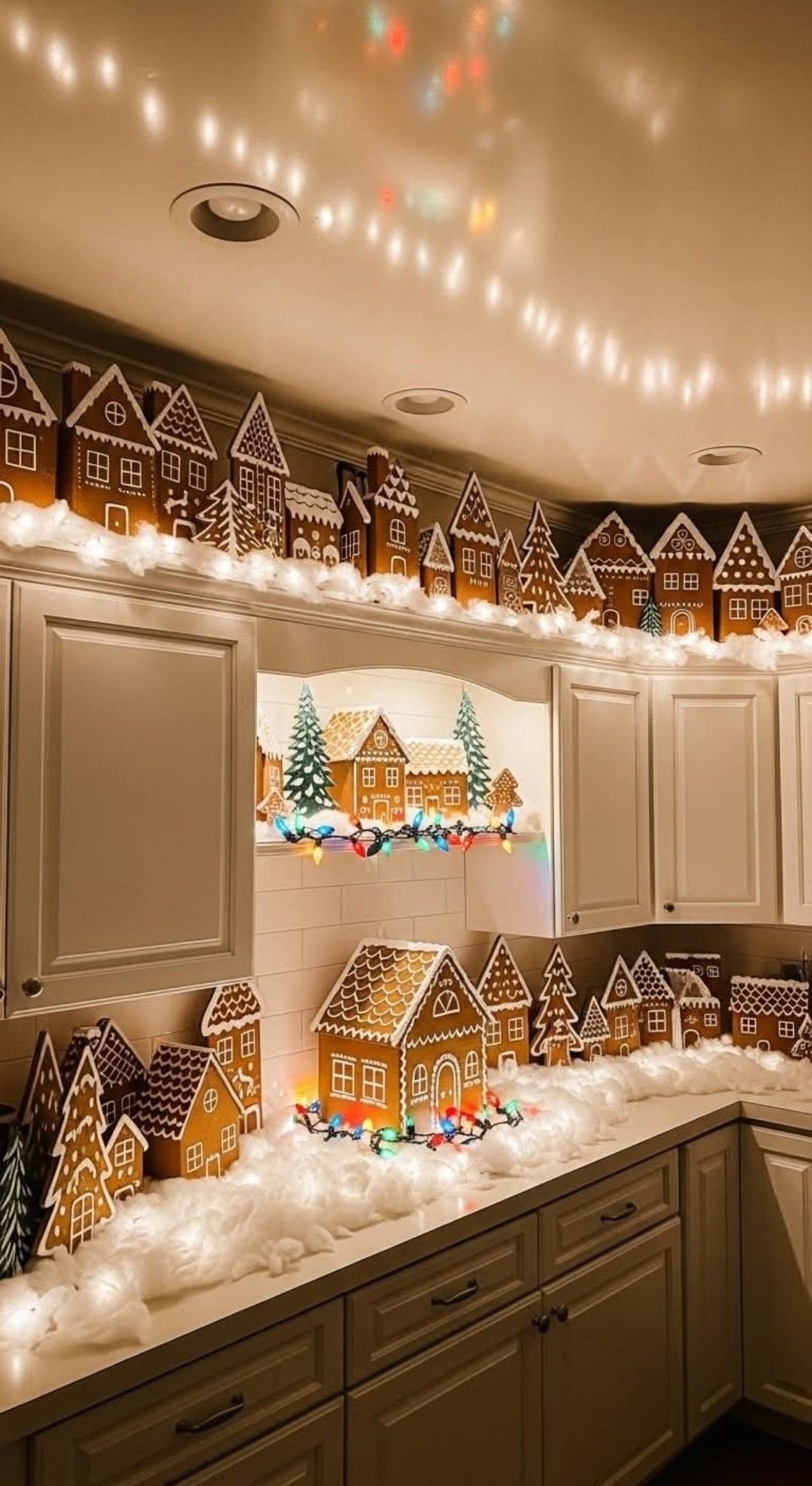 A gingerbread house village lining the top of white kitchen cabinets