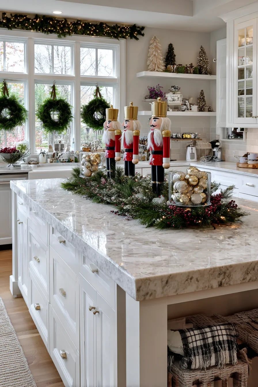 Three wooden nutcrackers lined up on a kitchen island with gold ornaments