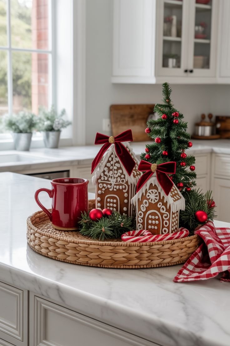 A gingerbread house nestled in a woven basket with mini Christmas trees
