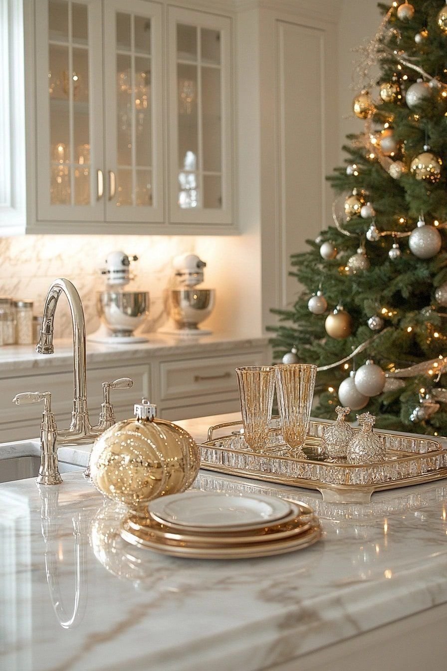 A gold and champagne Christmas tree near a white kitchen island