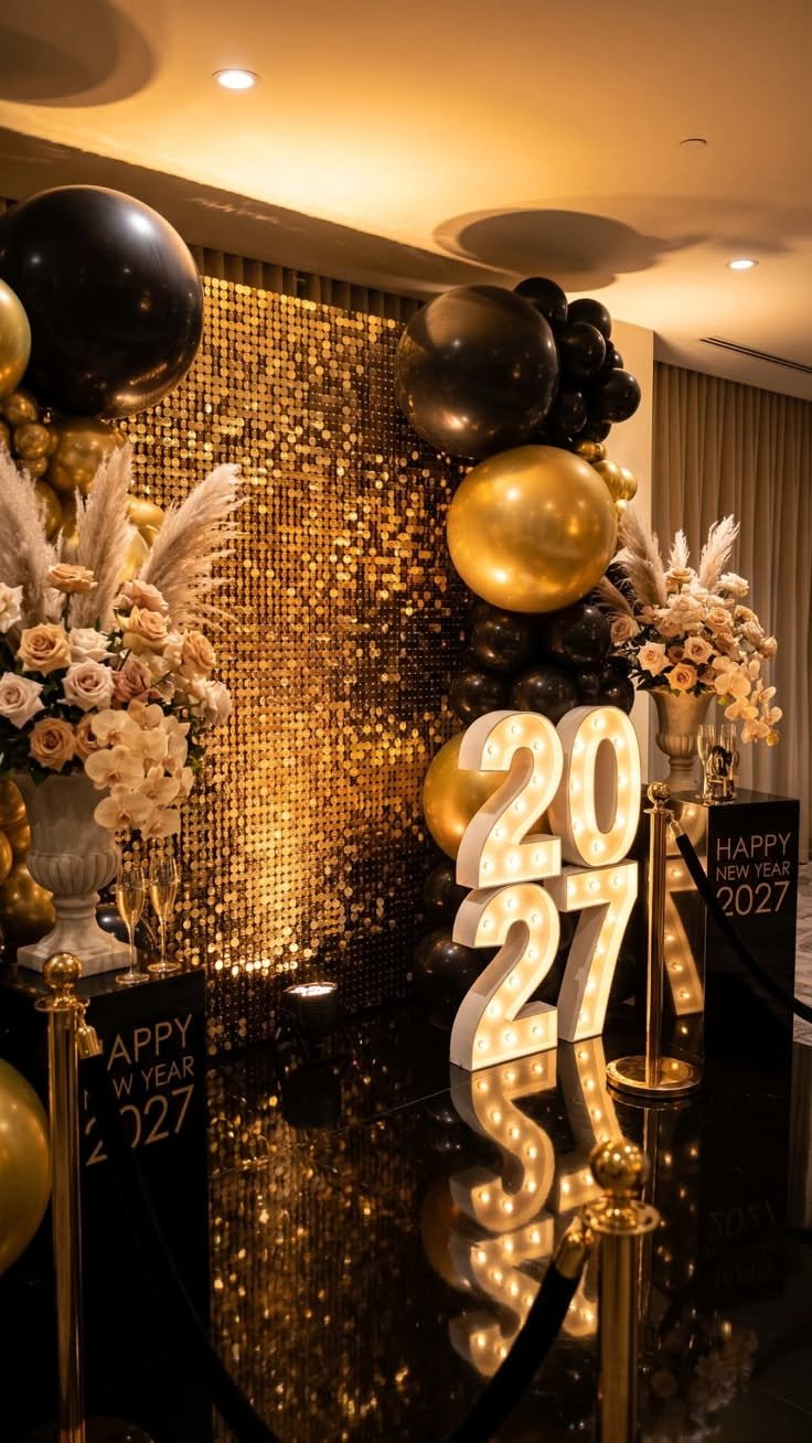 A gold sequin backdrop with black and gold balloons and a lit 2027 marquee sign behind a velvet rope