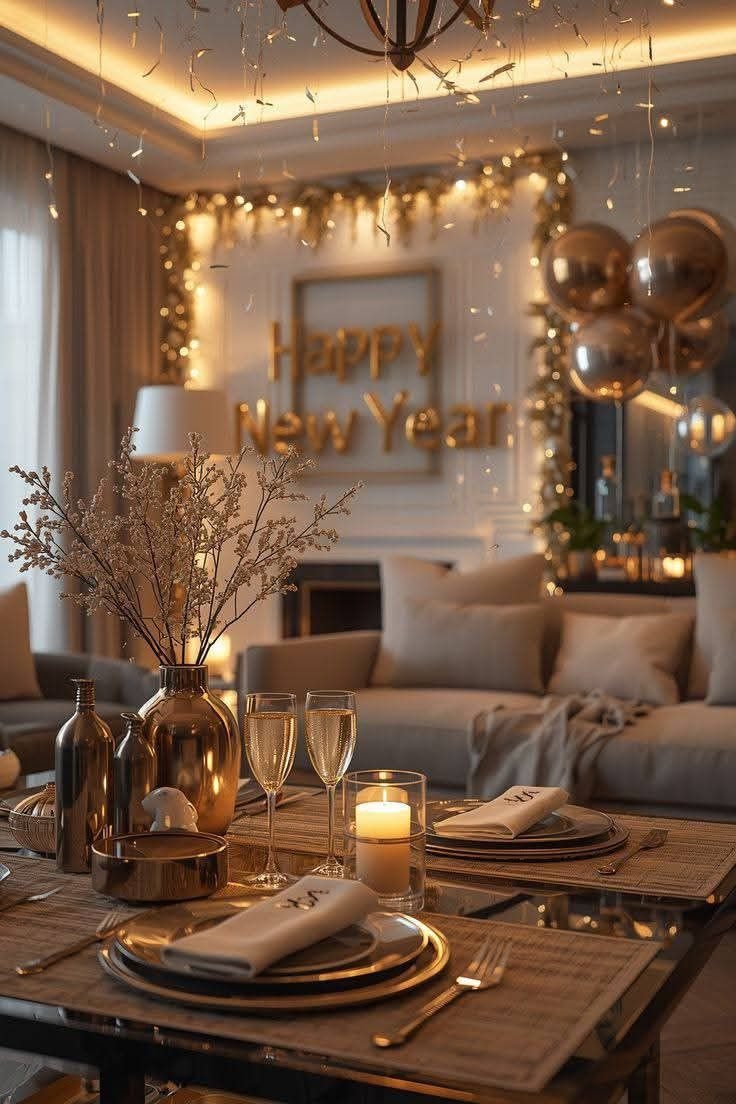 A string-light New Year sign glowing above a cozy living room dinner table with champagne flutes