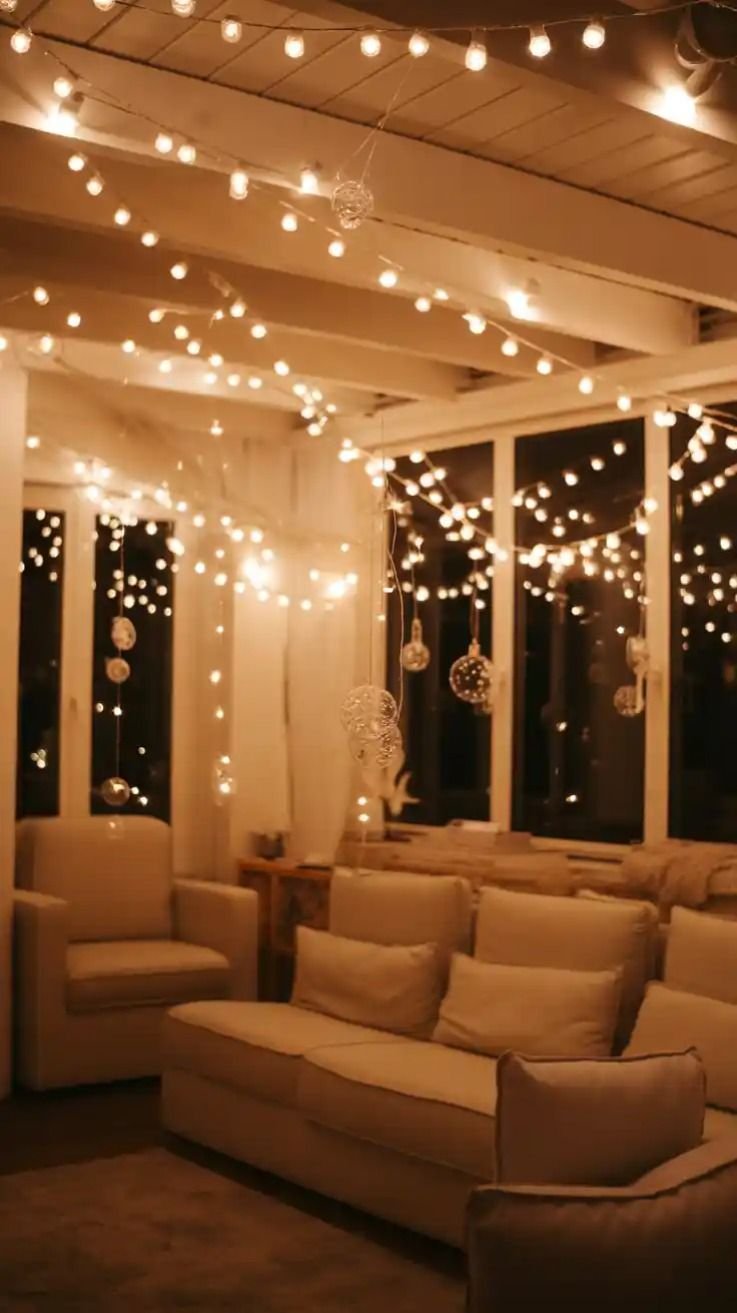String lights and hanging ornaments draped across the ceiling beams of a living room
