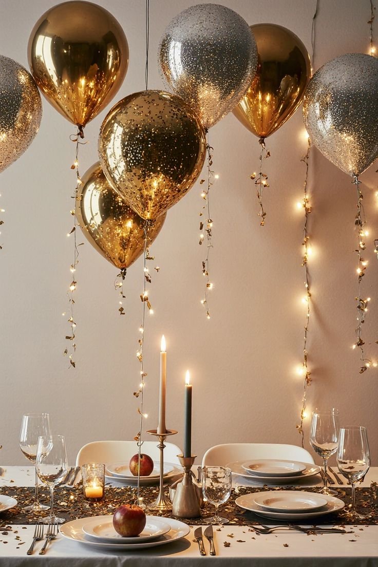 A cluster of gold confetti balloons over a candlelit dinner table with apples as place accents
