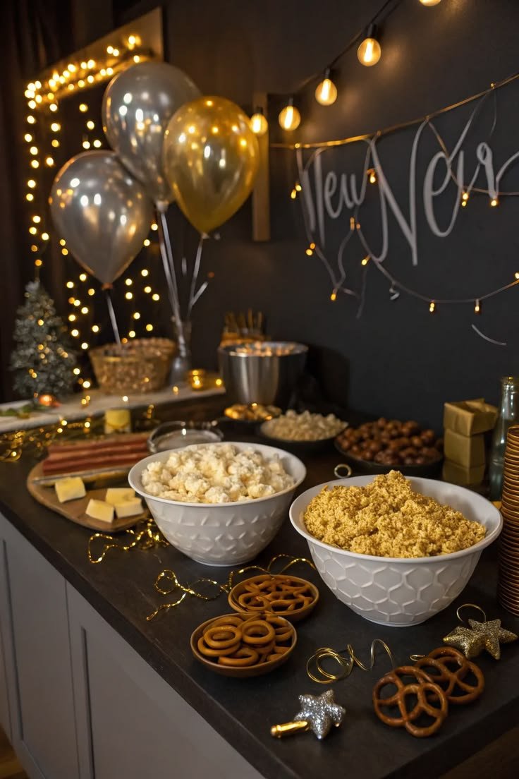 A snack table with popcorn, pretzels, and chocolate beside gold and silver balloons and string lights