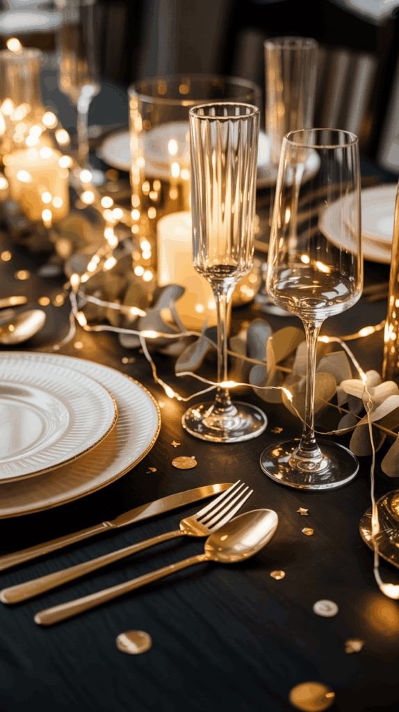 A gold and black place setting with champagne flutes and warm fairy lights woven across the table
