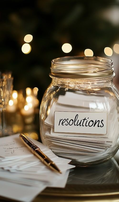 A glass jar labeled resolutions filled with folded notes next to a pen and candles