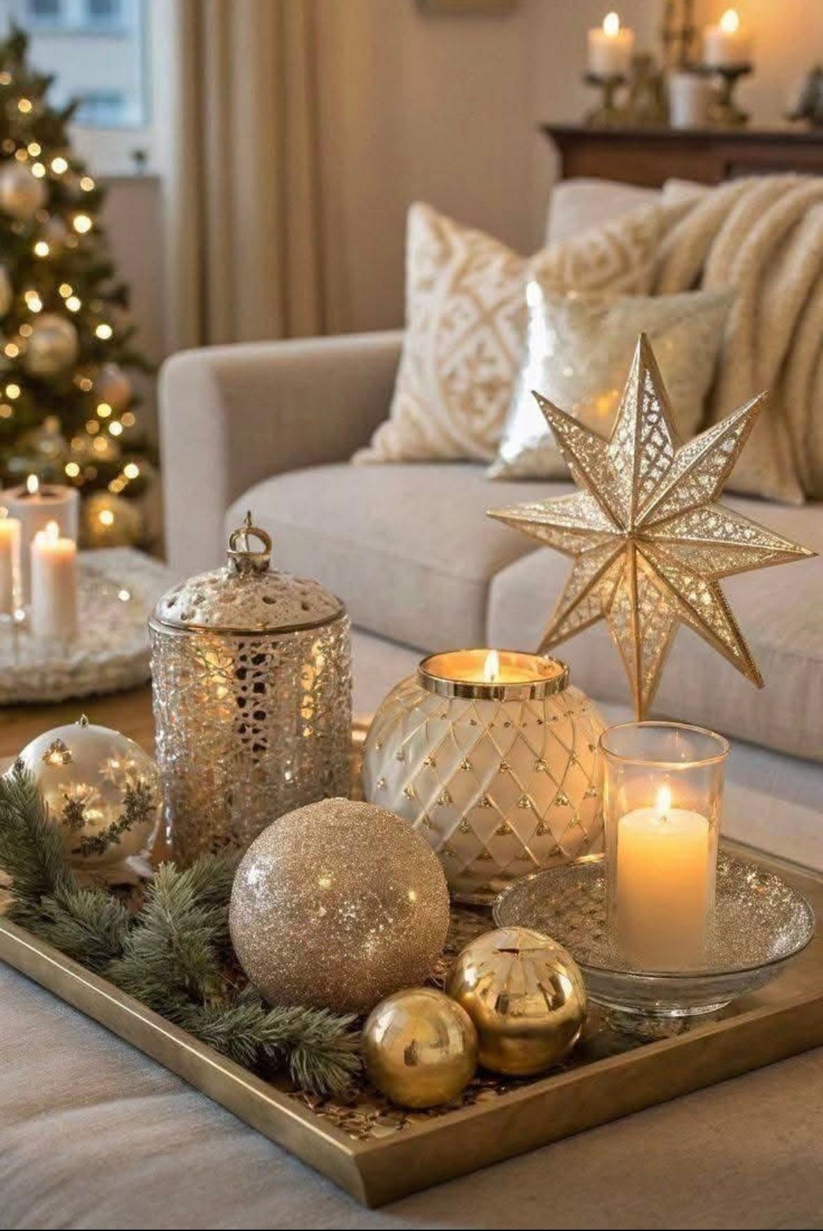 A tray of gold ornament balls, a glittered star, and candles on a coffee table