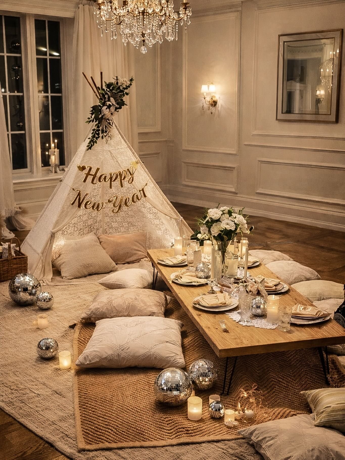 A lace teepee with a Happy New Year banner over a low dinner table set with disco ball accents