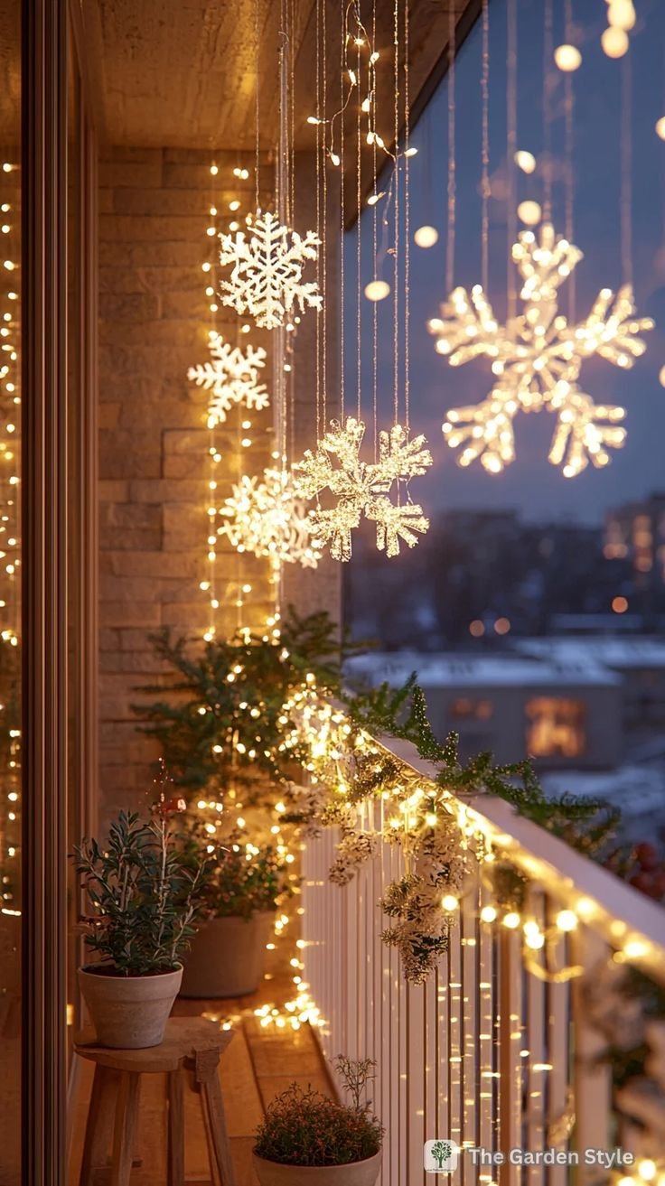 Lighted snowflake decorations and string lights hanging along a balcony railing at night