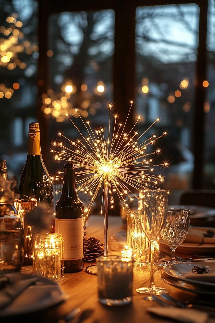 A sparkler-shaped light centerpiece beside champagne bottles and candles on a table at dusk