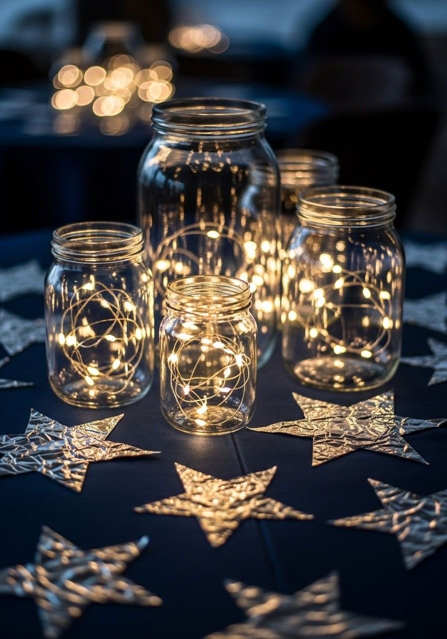 Mason jars filled with warm fairy lights surrounded by foil star cutouts on a dark table
