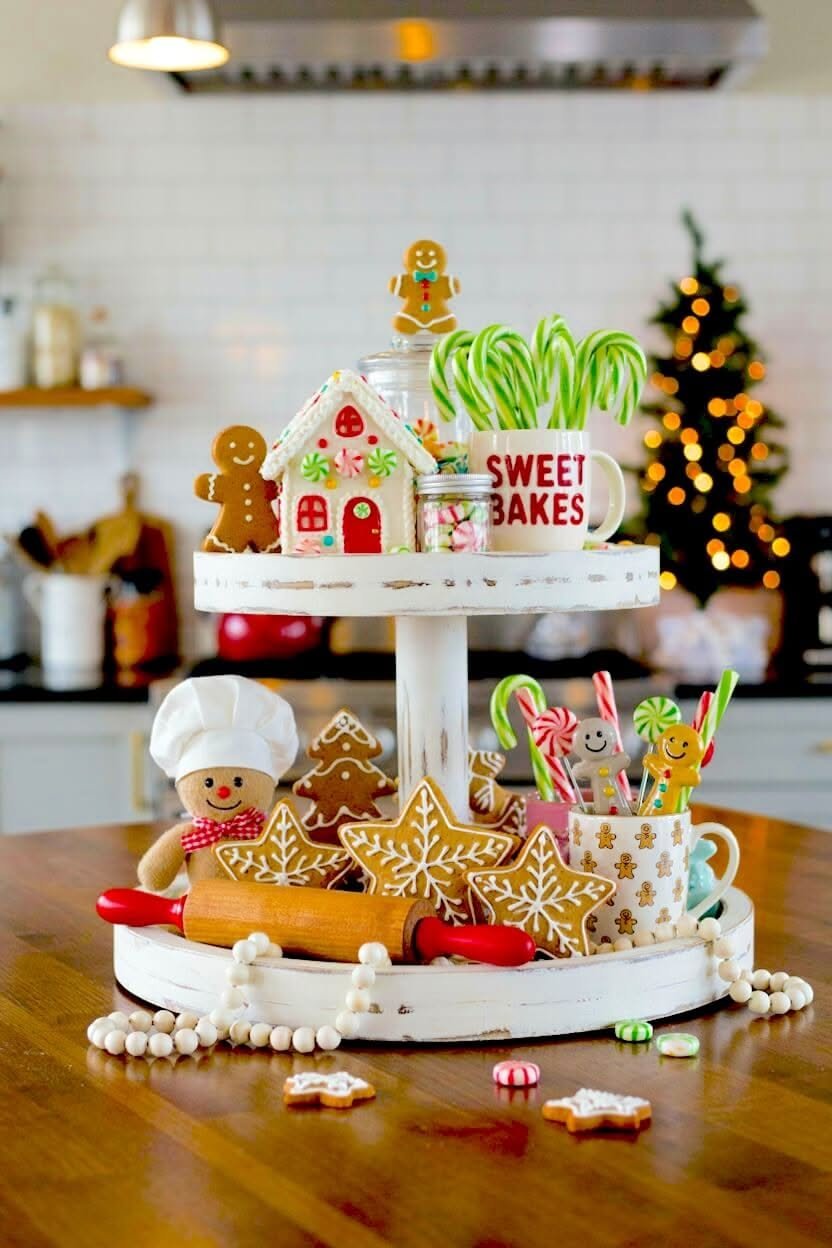 Tiered tray with a Sweet Bakes mug, gingerbread house, star cookies, and a mini rolling pin