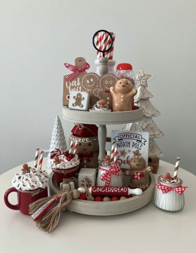Tiered tray with an Official North Pole Bakery sign and gingerbread figures
