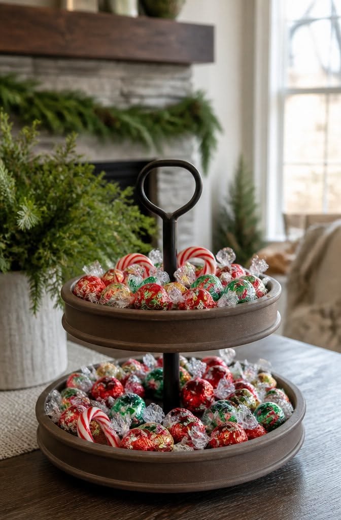 Two-tier tray filled with foil-wrapped Christmas chocolate truffles