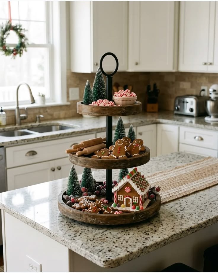 Three-tier tray on a kitchen island with a gingerbread house, cookies, and mini trees