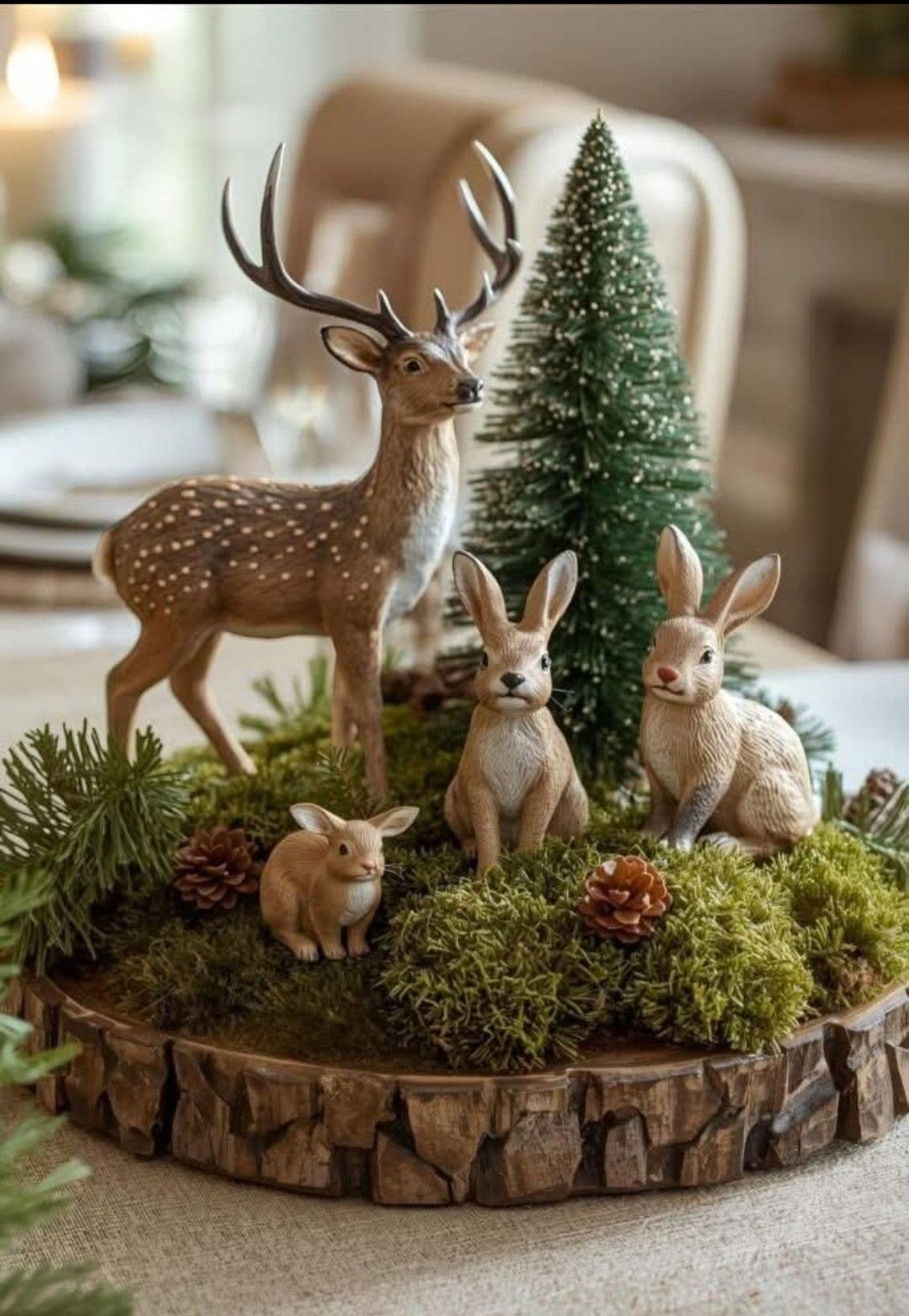 Wood slice tray with woodland deer and rabbit figurines on moss