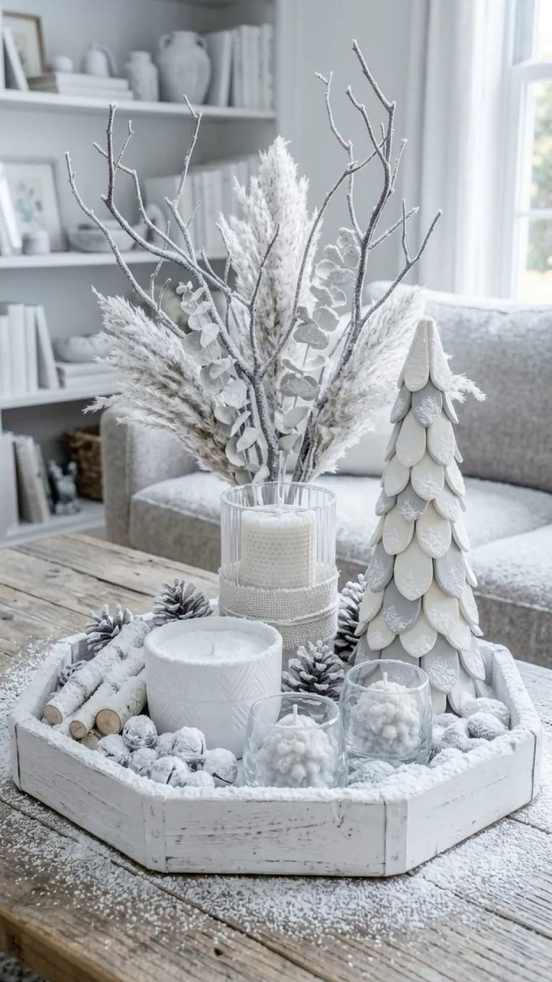 White octagonal tray with birch logs and flocked pinecones