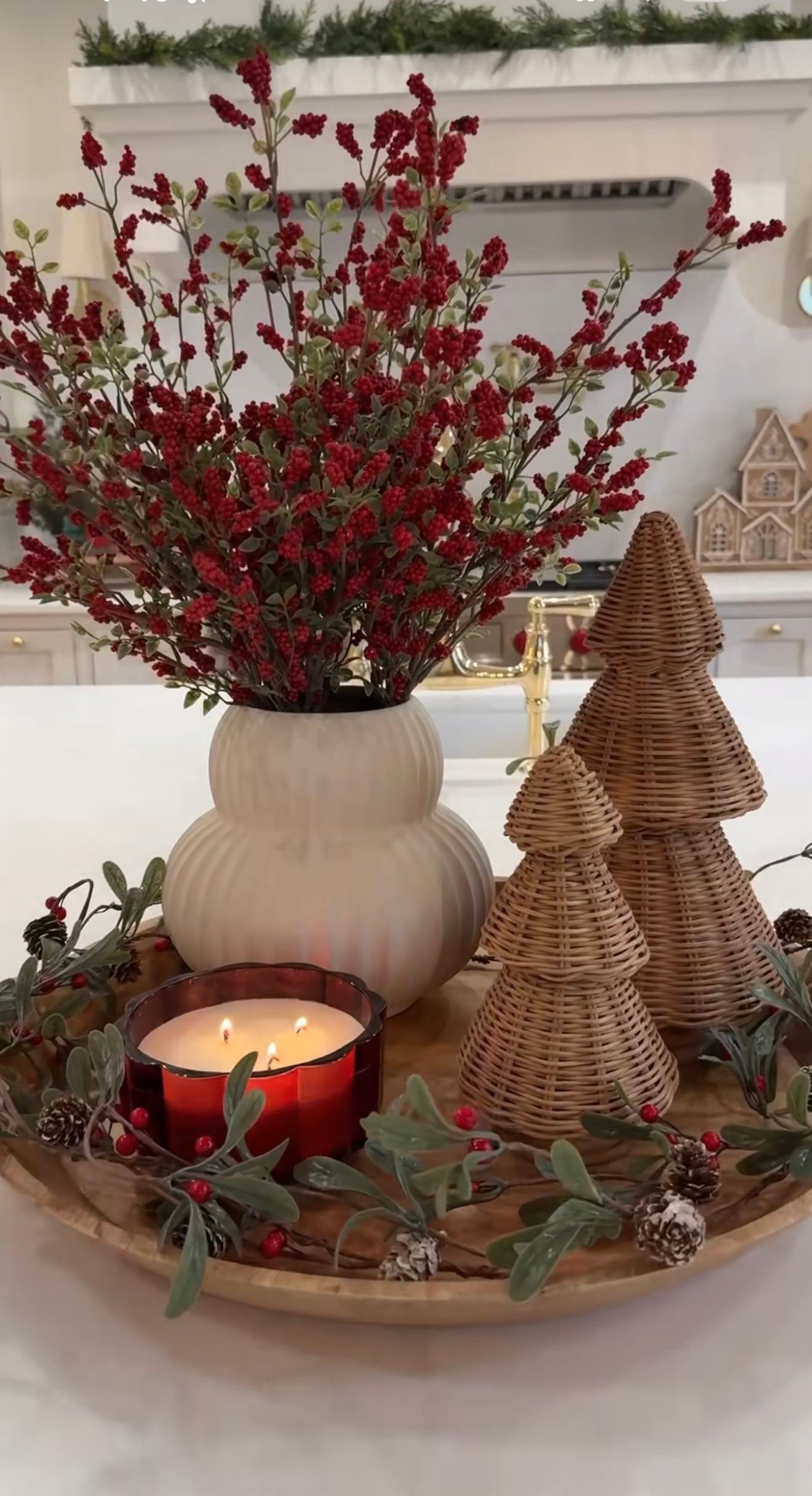 Tray with woven wicker cone trees and red berry stems