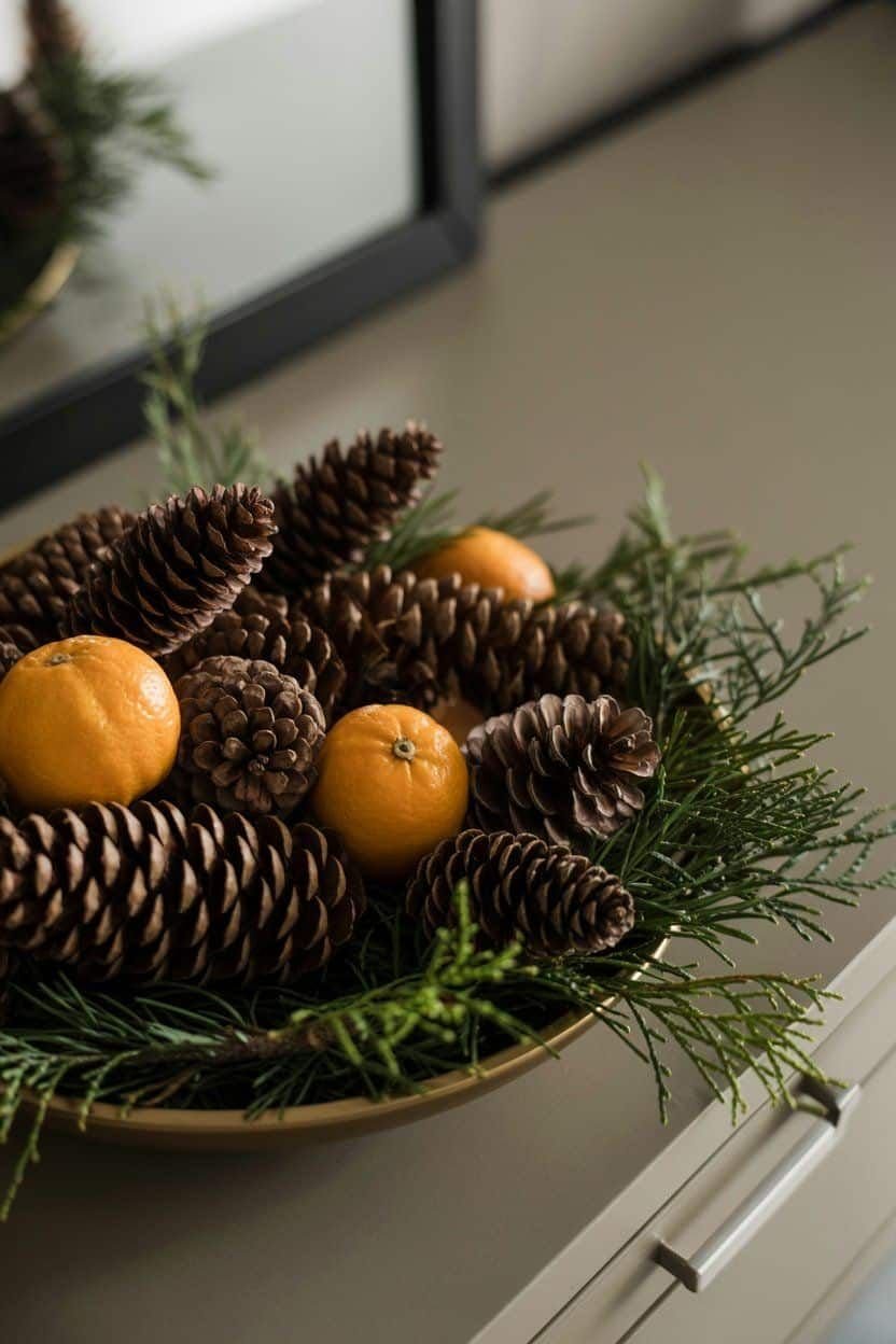 Gold bowl filled with pinecones and fresh mandarin oranges