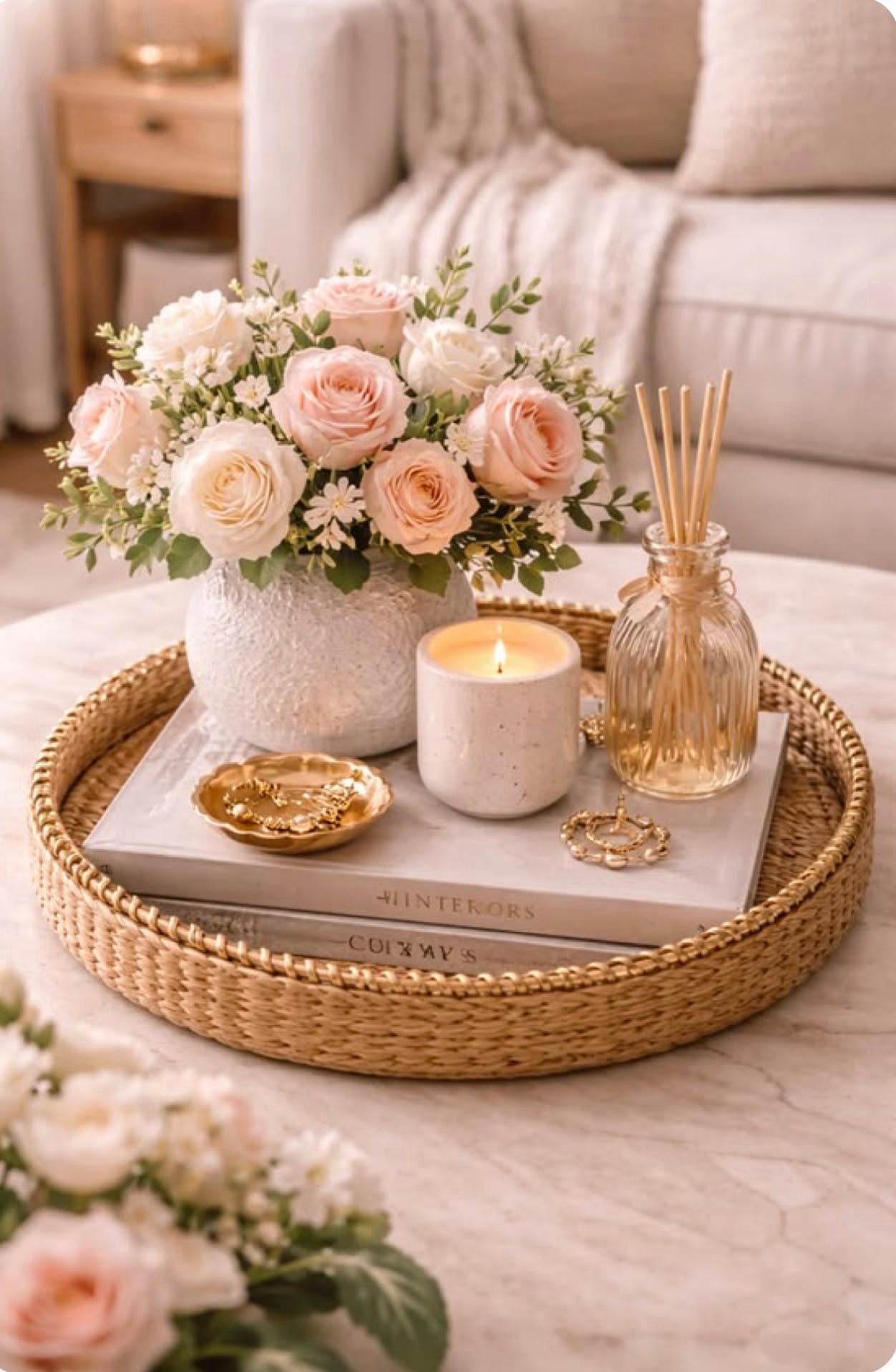Tray with dusty pink roses and a reed diffuser bottle