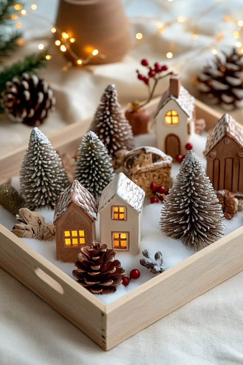 Wood tray with a mini lit Christmas village and bottle brush trees